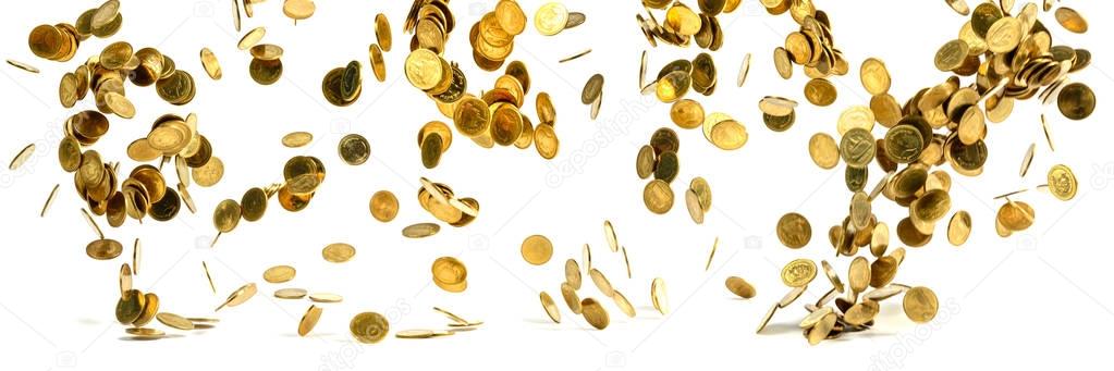 Panorama of falling gold coins money isolated on the white backg