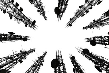Anten cep telefonu cep ve iletişim sistemi Kulesi beyaz arka planda, telekomünikasyon Kulesi silueti. teknoloji ve endüstri kavramı.