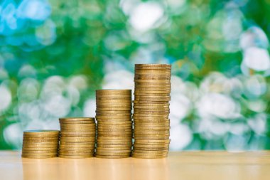 Madeni para yığınları adım Bahçe yeşil arka plana sahip tablo f