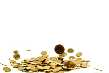 Düşen altın para busin beyaz arka plan üzerinde izole
