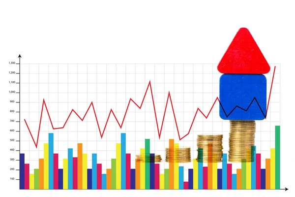 Modelo casa forma de madera con paso de monedas pila con gr financiera — Foto de Stock