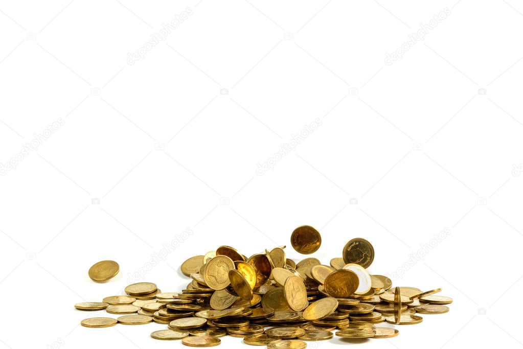 Falling gold coins money isolated on the white background, busin