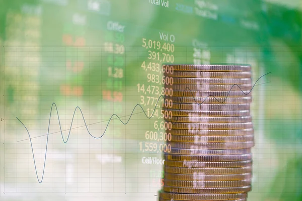 Double exposure of stacks of coins with stock exchange price of — Stock Photo, Image