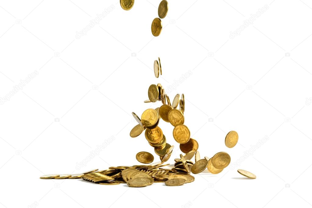 Falling gold coins money isolated on the white background, busin