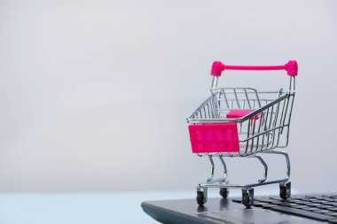 Alışveriş sepeti ya da süpermarket ile arabası dizüstü dizüstü bilgisayar üzerinde gre