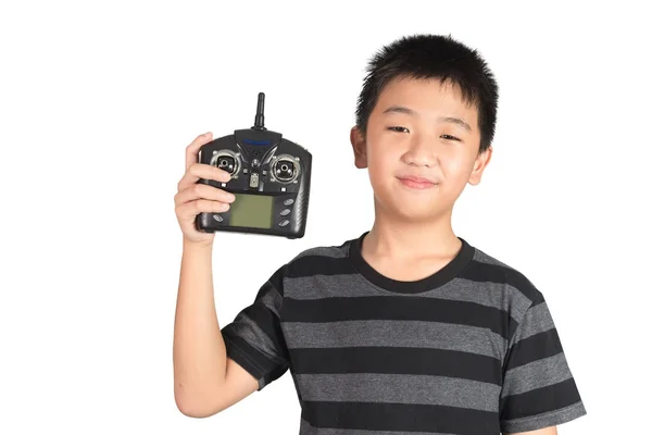 Asiatische Junge mit Funkfernbedienung Hörer für Hubschrauber, d — Stockfoto