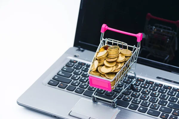 Carrito de compras o carrito de supermercado con portátil portátil en whi — Foto de Stock