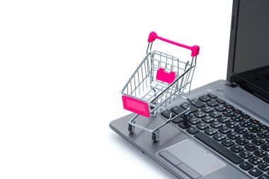 Alışveriş sepeti ya da süpermarket arabası ile dizüstü dizüstü WHI doğum