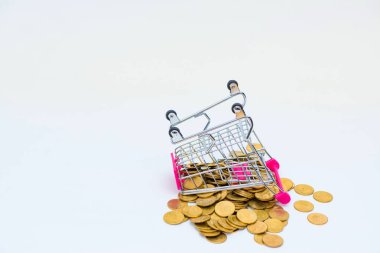 Sikke ve alışveriş sepeti ya da süpermarket arabası beyaz üzerine yığını