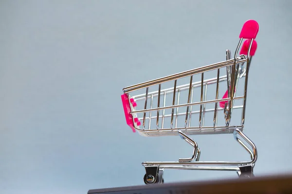 Carrello della spesa o carrello del supermercato con notebook portatile su gre — Foto Stock