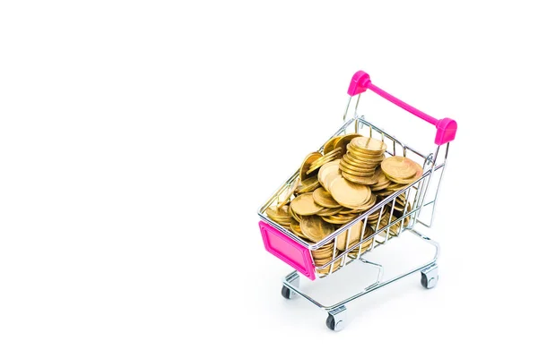 Pila de monedas en carrito de la compra o carro de supermercado en blanco — Foto de Stock