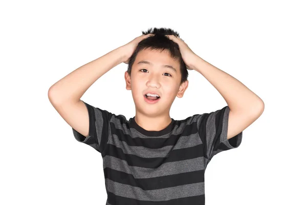 Asian boy kid holding his head frowning with screaming. pulling — Stock Photo, Image