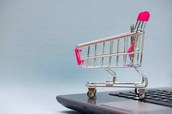 Einkaufswagen oder Supermarkt-Einkaufswagen mit Laptop-Notebook auf gre — Stockfoto