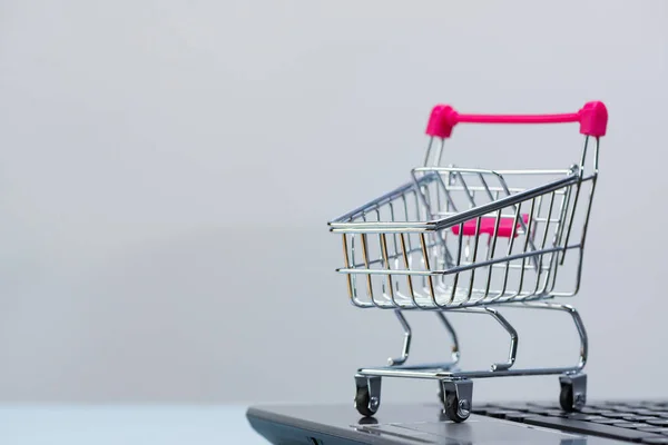 Einkaufswagen oder Supermarkt-Einkaufswagen mit Laptop-Notebook auf gre — Stockfoto