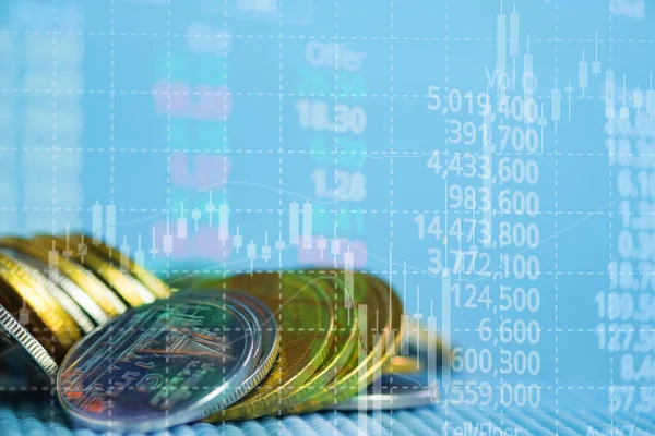 Double exposure stacks of coins with stock market board and fina — Stock Photo, Image