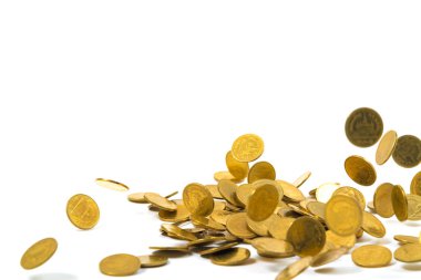 Düşen altın para busin beyaz arka plan üzerinde izole