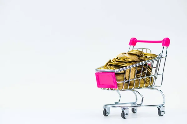 Pila de monedas en carrito de la compra o carro de supermercado en blanco — Foto de Stock