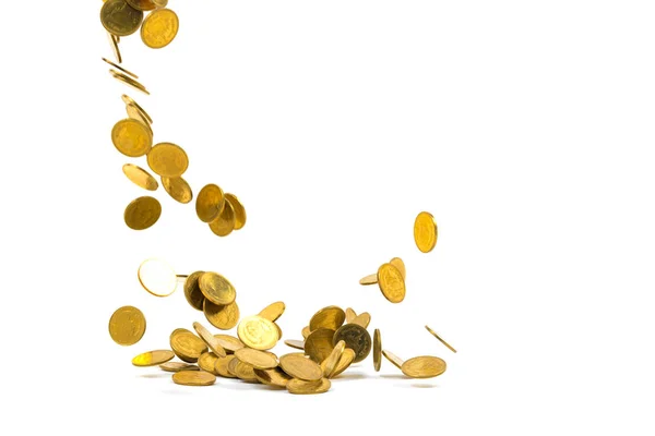 Fallende Goldmünzen Geld isoliert auf weißem Hintergrund, Busin — Stockfoto
