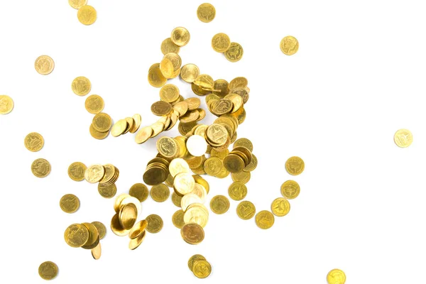 A hulló arany érme pénzt elszigetelt fehér főleg CIG felülnézet — Stock Fotó