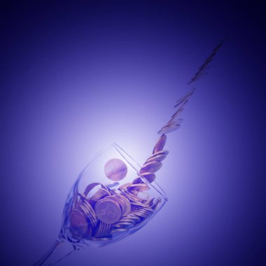 Altın sikke splash bir bardak şampanya duvar backgrou