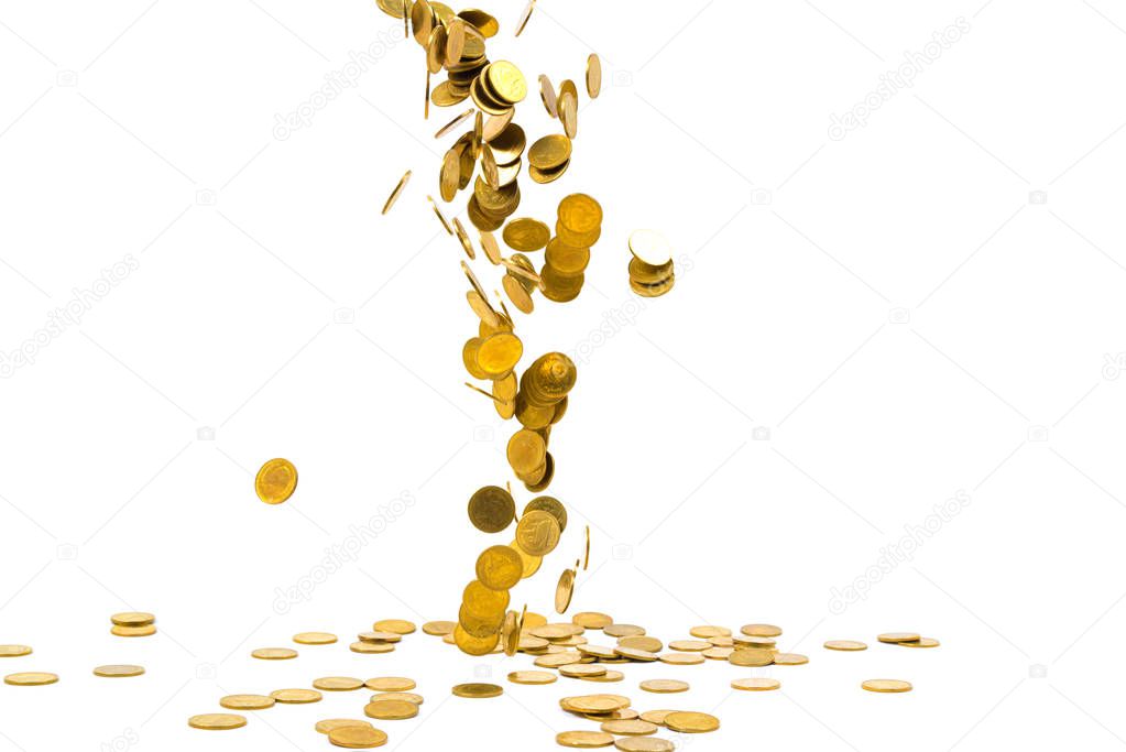 Falling gold coins money isolated on the white background, busin