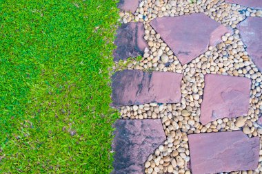 Yeşil çim alan taş yolu ve küçük bir kaya dekorasyon ile.