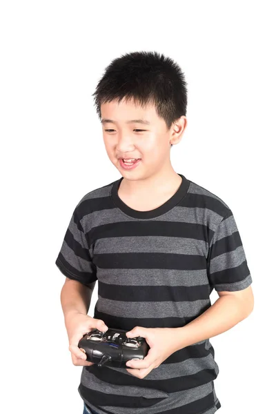 Asiático niño sosteniendo radio mando a distancia auricular para helicóptero, d —  Fotos de Stock