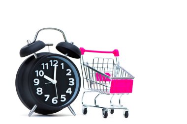 Siyah çalar saat ve alışveriş sepeti ya da süpermarket arabası Isola