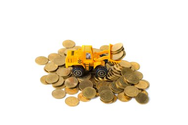 Mini buldozer kamyon yığın sikke altın para yığını ile yükleme, 