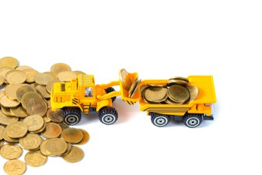 Mini buldozer kamyon yığın sikke altın para yığını ile yükleme, 