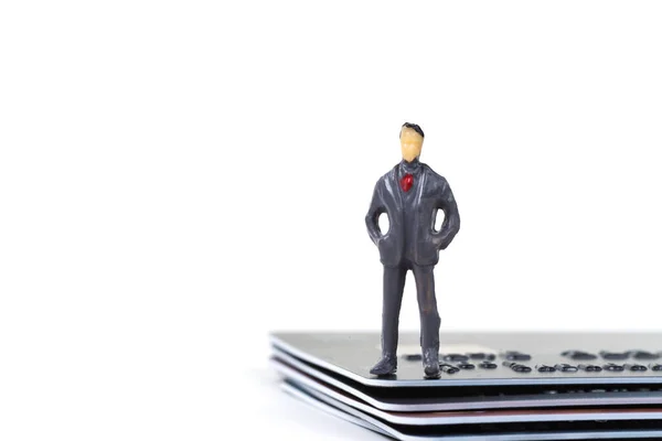 Figur miniatyr affärsman eller små människor som står med stack — Stockfoto