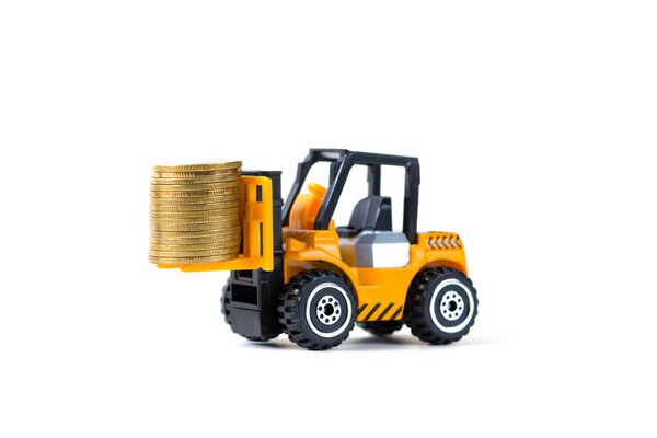 Mini forklift truck loading stack coin with steps of gold coin, 
