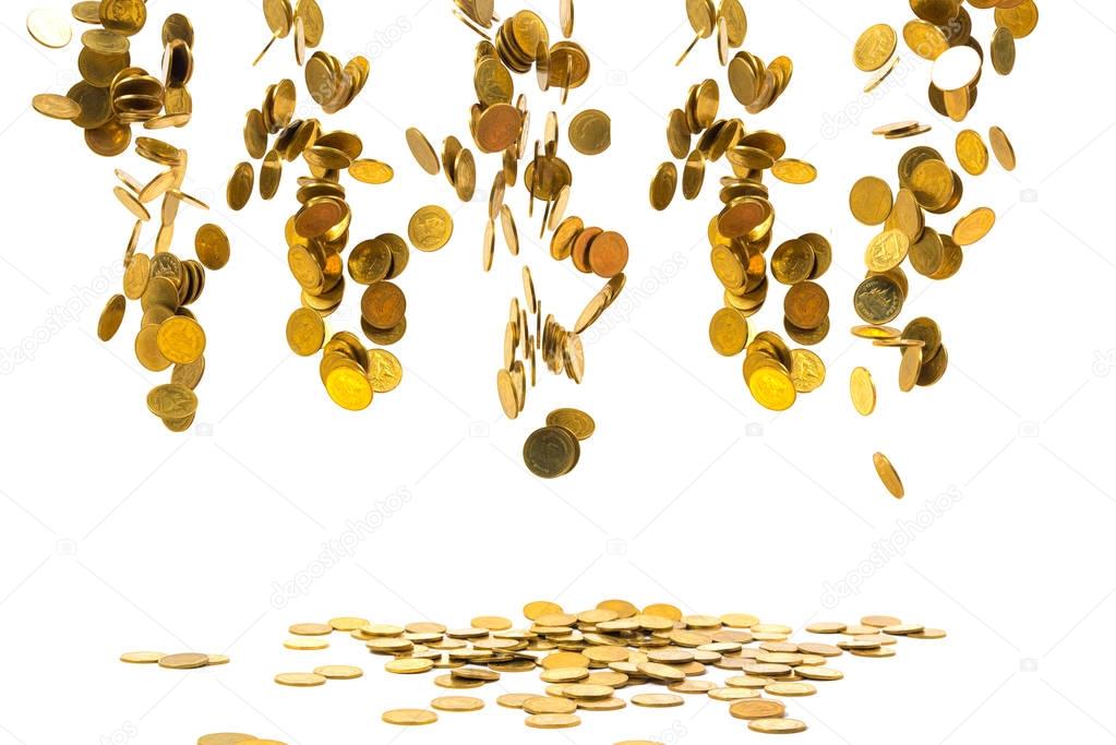 Falling gold coins money isolated on the white background, busin