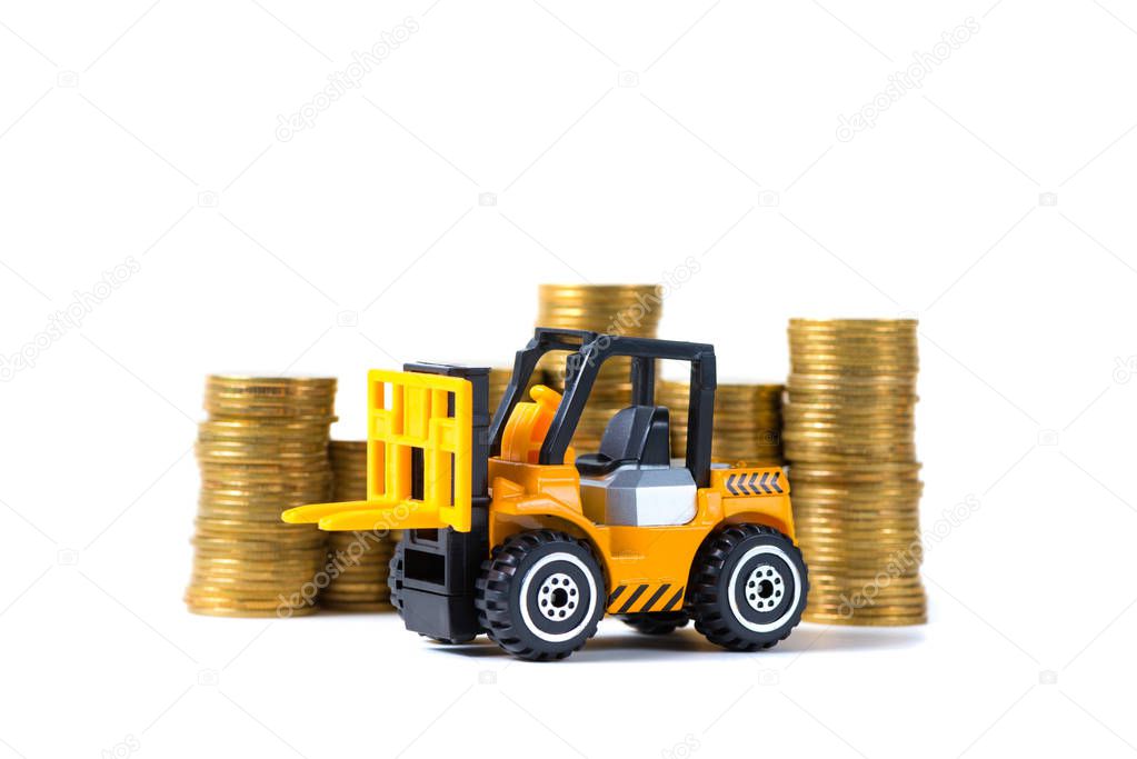 Mini forklift truck loading stack coin with steps of gold coin, 