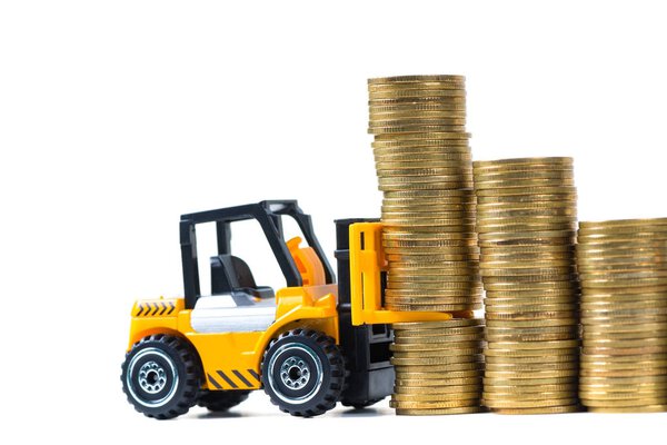 Mini forklift truck loading stack coin with steps of gold coin, 