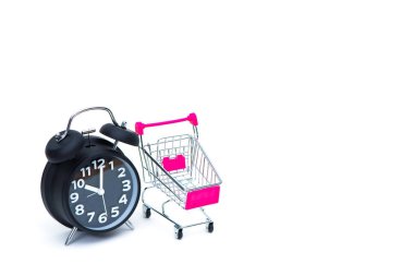 Siyah çalar saat ve alışveriş sepeti ya da süpermarket arabası Isola