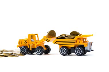 Mini buldozer kamyon yığın sikke altın para yığını ile yükleme, 