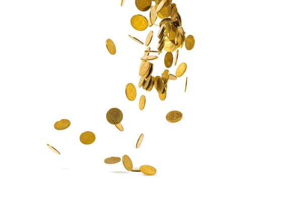 Falling gold coins money isolated on the white background, busin — Stock Photo, Image