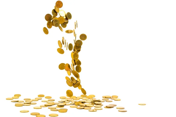 Caindo moedas de ouro dinheiro isolado no fundo branco, busin — Fotografia de Stock