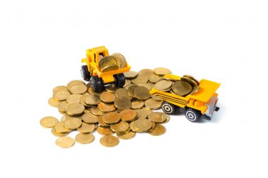 Mini buldozer kamyon yığın sikke altın para yığını ile yükleme, 