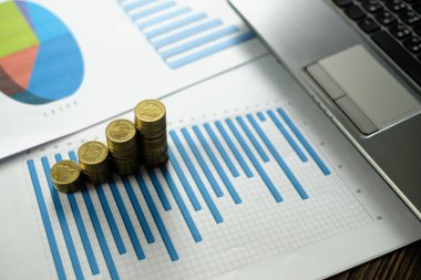 Adım para yığınları ile dizüstü dizüstü bilgisayar ve mali /