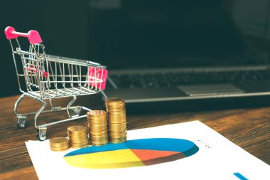 Adım / para yığınları arabası ve dizüstü dizüstü bilgisayar ile bir