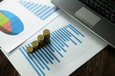 Adım para yığınları ile dizüstü dizüstü bilgisayar ve mali /