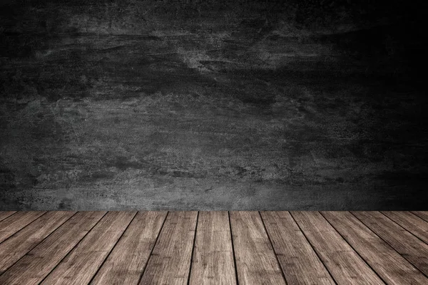 Pavimento in legno vuoto con sfondo scuro muro di cemento, Per produ — Foto Stock