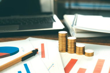 Adım para yığınları ile dizüstü dizüstü bilgisayar ve mali /