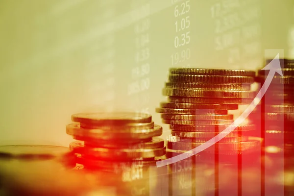 Double exposure of coin stack with stock market screen chart boa — Stock Photo, Image