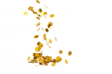 Düşen altın para busin beyaz arka plan üzerinde izole