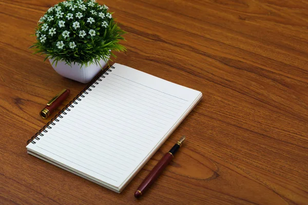 Vulpen of inkt pen met notebookpapier en kleine decoratio — Stockfoto