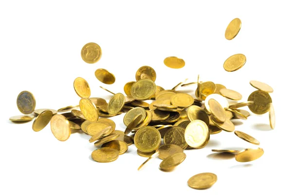 Falling gold coins money isolated on the white background, busin — Stock Photo, Image