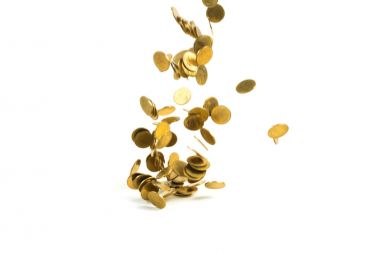 Düşen altın para busin beyaz arka plan üzerinde izole